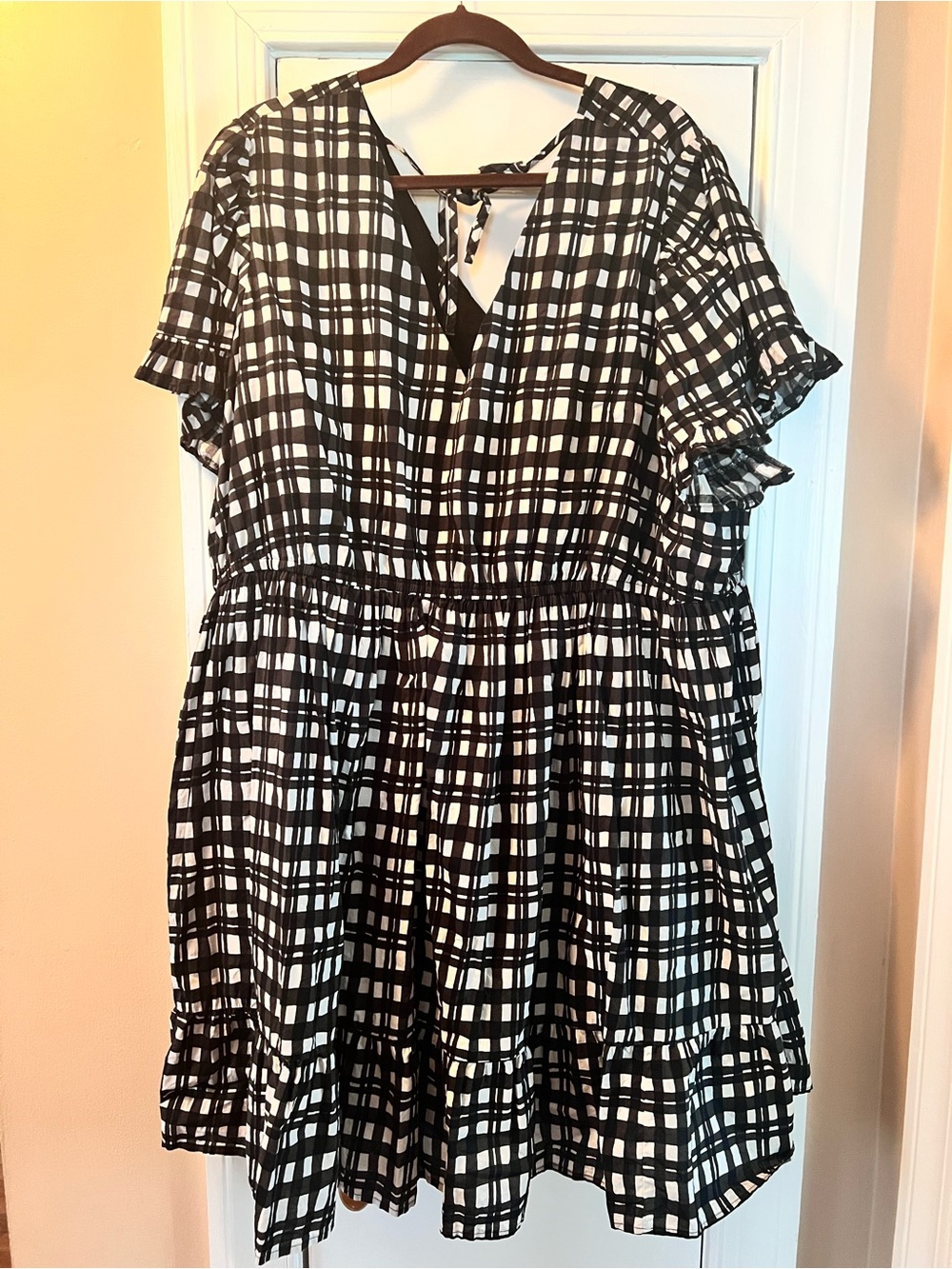 Terra and Sky Black and White Plaid Short Sleeve Tiered Dress